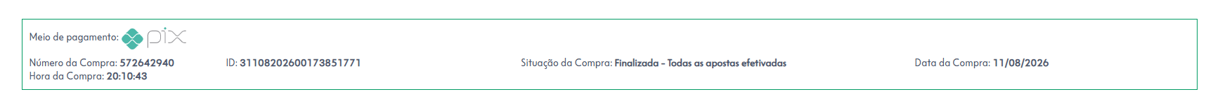 Comprovante de pagamento das apostas do concurso 3043