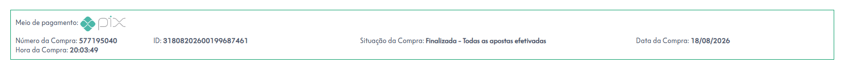 Comprovante de pagamento das apostas do concurso 3046