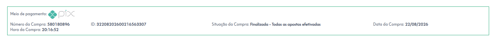 Comprovante de pagamento das apostas do concurso 3048