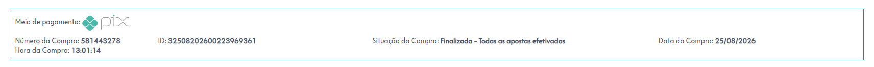 Comprovante de pagamento das apostas do concurso 3049