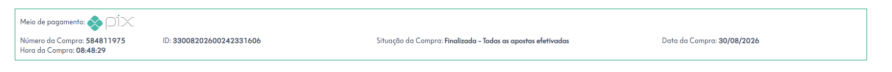 Comprovante de pagamento das apostas do concurso 3051