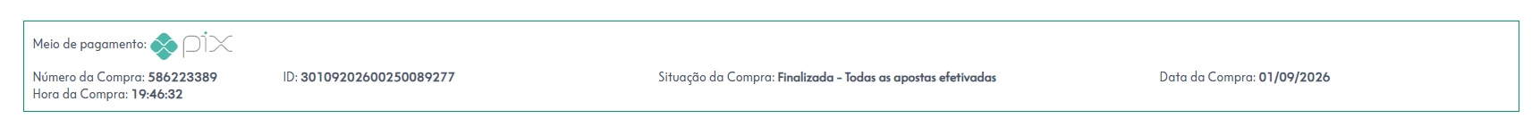 Comprovante de pagamento das apostas do concurso 3052