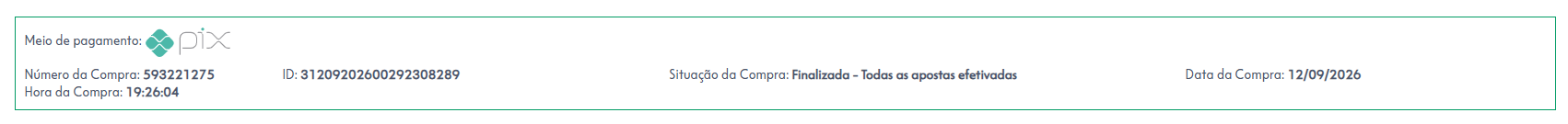 Comprovante de pagamento das apostas do concurso 3057